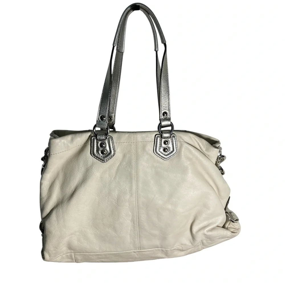 Coach Ashley Metallic Silver and white leather Tote shoulder Bag